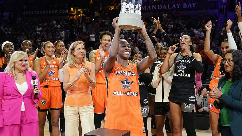 Jul 15, 2023; Las Vegas, NV, USA; Team Wilson guard Jewell Loyd (24) holds the MVP award during the 2023 WNBA All-Star Game at Michelob Ultra Arena. Mandatory Credit: Lucas Peltier-USA TODAY Sports