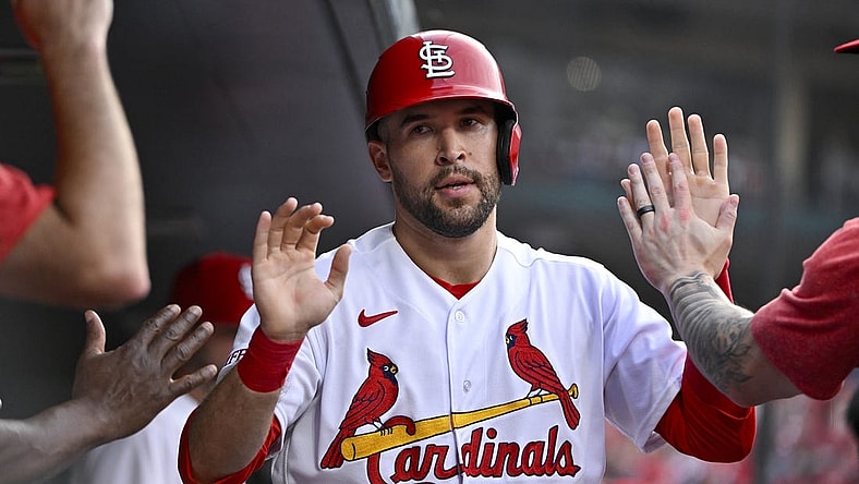 Jul 17, 2023; St. Louis, Missouri, USA;  St. Louis Cardinals center fielder Dylan Carlson (3) is congaratulated by teammates after scoring against the Miami Marlins during the third inning at Busch Stadium. Mandatory Credit: Jeff Curry-USA TODAY Sports