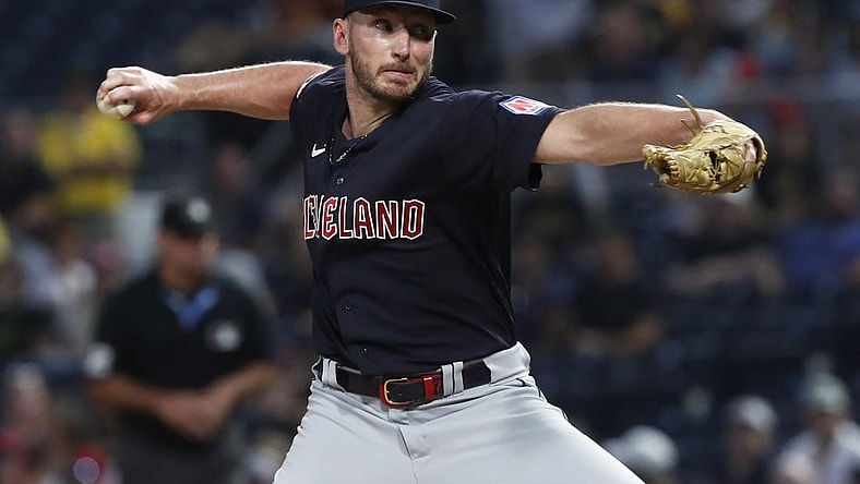 Jul 18, 2023; Pittsburgh, Pennsylvania, USA; Cleveland Guardians relief pitcher Trevor Stephan (37) pitches against the Pittsburgh Pirates during the seventh inning at PNC Park. Mandatory Credit: Charles LeClaire-USA TODAY Sports