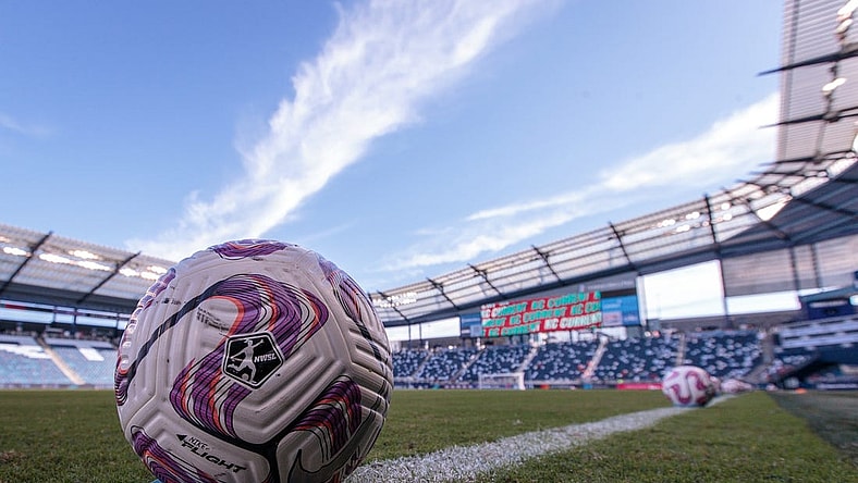 Aug 5, 2023; Kansas City, KS, USA; General view of a practice ball before the match between Racing Louisville FC and Kansas City Current at Children's Mercy Park. Mandatory Credit: William Purnell-USA TODAY Sports