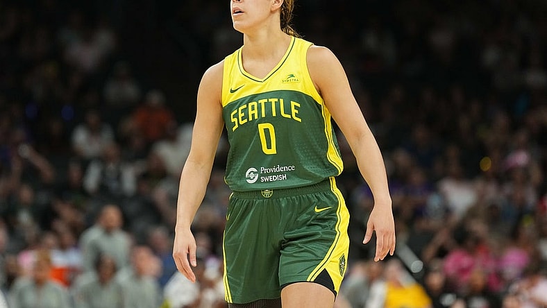 Aug 5, 2023; Phoenix, Arizona, USA; Seattle Storm guard Kia Nurse (0) looks on against the Phoenix Mercury during the second half at Footprint Center. Mandatory Credit: Joe Camporeale-USA TODAY Sports