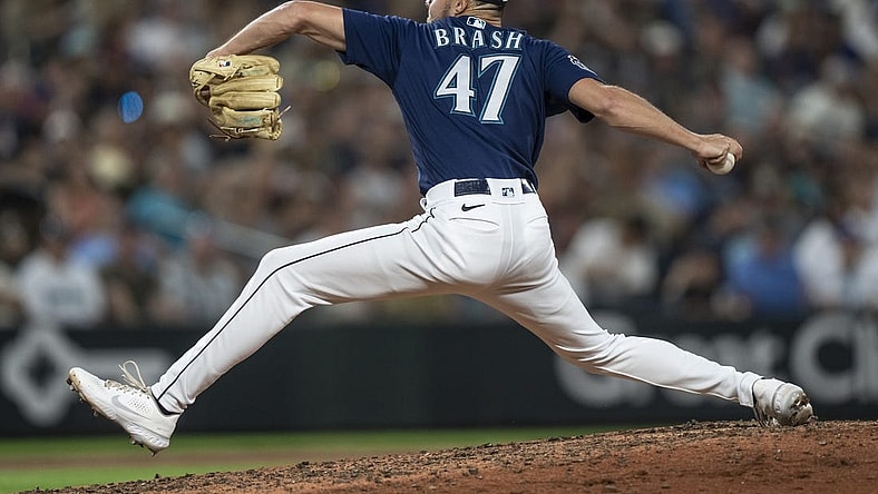 Aug 8, 2023; Seattle, Washington, USA; Seattle Mariners reliever Matt Brash (47) delivers a pitch during the eighth inning against the San Diego Padres at T-Mobile Park. Mandatory Credit: Stephen Brashear-USA TODAY Sports