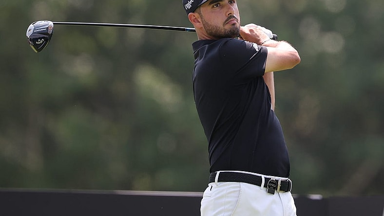 Aug 12, 2023; Bedminster, New Jersey, USA; Abraham Ancer plays his shot from the third tee during the second round of the LIV Golf Bedminster golf tournament at Trump National Bedminster. Mandatory Credit: Vincent Carchietta-USA TODAY Sports
