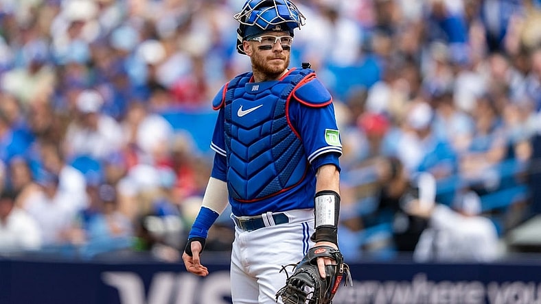 Aug 13, 2023; Toronto, Ontario, CAN; Toronto Blue Jays catcher Danny Jansen (9) looks on against the Chicago Cubs at Rogers Centre. Mandatory Credit: Kevin Sousa-USA TODAY Sports