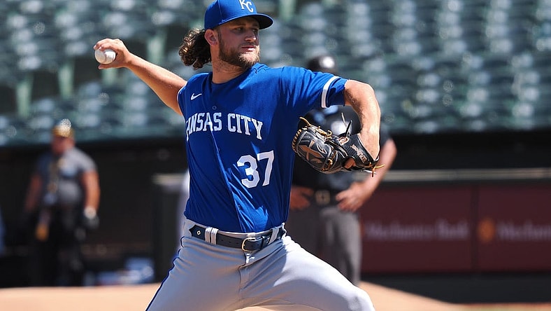 Aug 23, 2023; Oakland, California, USA; Kansas City Royals relief pitcher Jackson Kowar (37) pitches the ball against the Oakland Athletics during the eighth inning at Oakland-Alameda County Coliseum. Mandatory Credit: Kelley L Cox-USA TODAY Sports