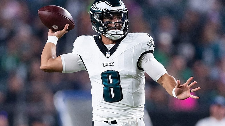 Aug 24, 2023; Philadelphia, Pennsylvania, USA; Philadelphia Eagles quarterback Marcus Mariota (8) passes the ball against the Indianapolis Colts during the first quarter at Lincoln Financial Field. Mandatory Credit: Bill Streicher-USA TODAY Sports