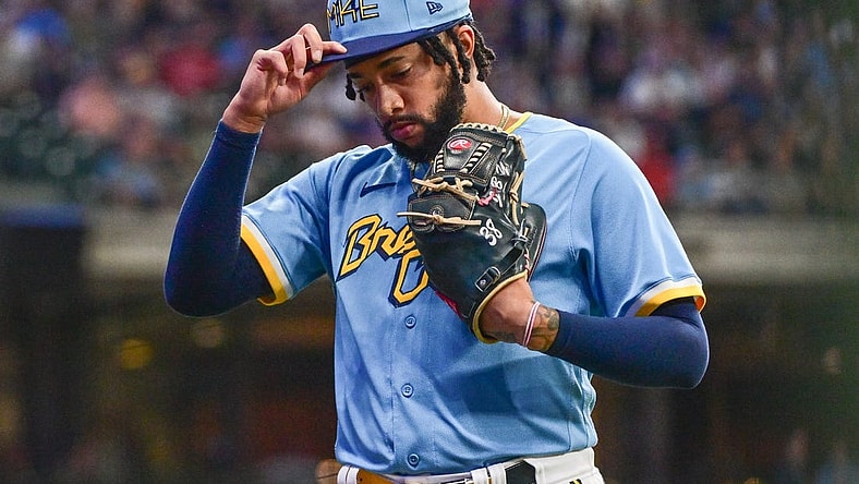 Sep 1, 2023; Milwaukee, Wisconsin, USA; Milwaukee Brewers pitcher Devin Williams (38) walks off the mound after a blown save in the eighth inning against the Philadelphia Phillies at American Family Field. Mandatory Credit: Benny Sieu-USA TODAY Sports