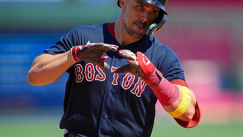 Sep 3, 2023; Kansas City, Missouri, USA; Boston Red Sox center fielder Adam Duvall (18) rounds the bases after hitting a home run during the sixth inning against the Kansas City Royals at Kauffman Stadium. Mandatory Credit: Jay Biggerstaff-USA TODAY Sports