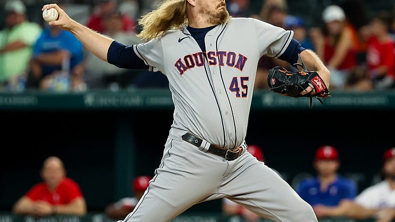 Sep 4, 2023; Arlington, Texas, USA;  Houston Astros relief pitcher Ryne Stanek (45) throws during the ninth inning against the Texas Rangers at Globe Life Field. Mandatory Credit: Kevin Jairaj-USA TODAY Sports