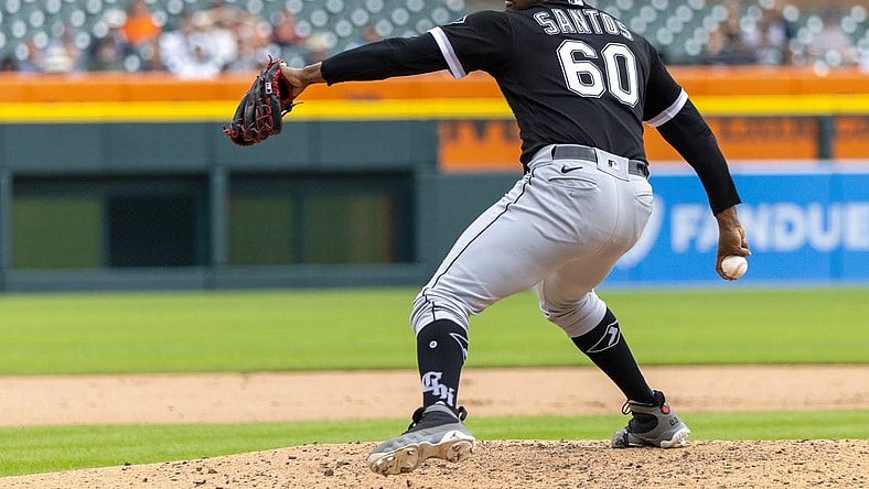 Sep 10, 2023; Detroit, Michigan, USA; Chicago White Sox relief pitcher Gregory Santos (60) throws in the seventh inning against the Detroit Tigers at Comerica Park. Mandatory Credit: David Reginek-USA TODAY Sports