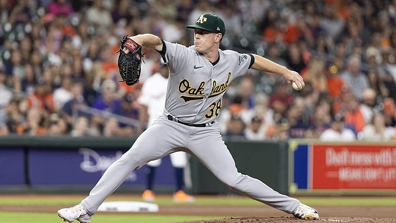 Sep 12, 2023; Houston, Texas, USA; Oakland Athletics starting pitcher JP Sears (38) pitches against the Houston Astros in the first inning at Minute Maid Park. Mandatory Credit: Thomas Shea-USA TODAY Sports