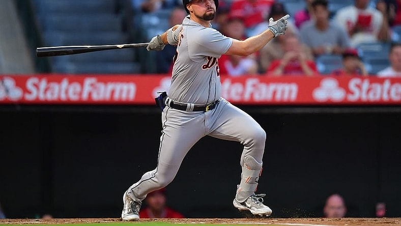 Sep 15, 2023; Anaheim, California, USA; Detroit Tigers third baseman Andre Lipcius (27) hits an RBI double against the Los Angeles Angels during the first inning at Angel Stadium. Mandatory Credit: Gary A. Vasquez-USA TODAY Sports