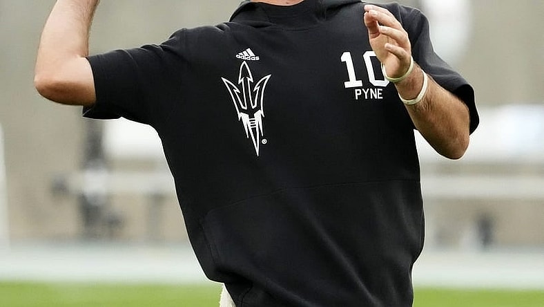 Arizona State Sun Devils quarterback Drew Pyne (10) warms up before playing the Fresno State Bulldogs at Mountain America Stadium in Tempe on Sept. 16, 2023.