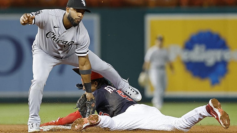 Sep 18, 2023; Washington, District of Columbia, USA; Washington Nationals shortstop CJ Abrams (5) steals second base ahead of a tag by Chicago White Sox shortstop Elvis Andrus (1) during the third inning at Nationals Park. Mandatory Credit: Geoff Burke-USA TODAY Sports