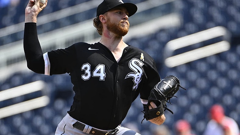 Sep 20, 2023; Washington, District of Columbia, USA; Chicago White Sox starting pitcher Michael Kopech (34) throws to the Washington Nationals during the first inning at Nationals Park. Mandatory Credit: Brad Mills-USA TODAY Sports