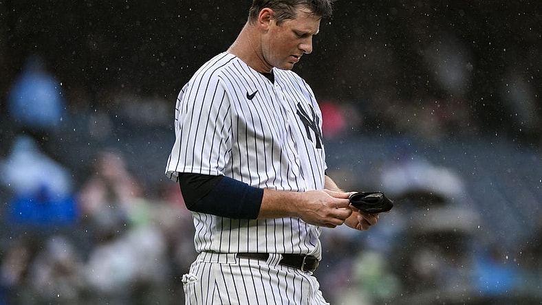 Sep 24, 2023; Bronx, New York, USA; New York Yankees third baseman DJ LeMahieu (26) reacts after the third inning against the Arizona Diamondbacks at Yankee Stadium. Mandatory Credit: John Jones-USA TODAY Sports