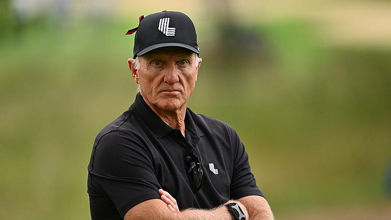 Sep 24, 2023; Sugar Grove, Illinois, USA; Greg Norman watches the action on the 11th green during the final round of the LIV Golf Chicago golf tournament at Rich Harvest Farms. Mandatory Credit: Jamie Sabau-USA TODAY Sports