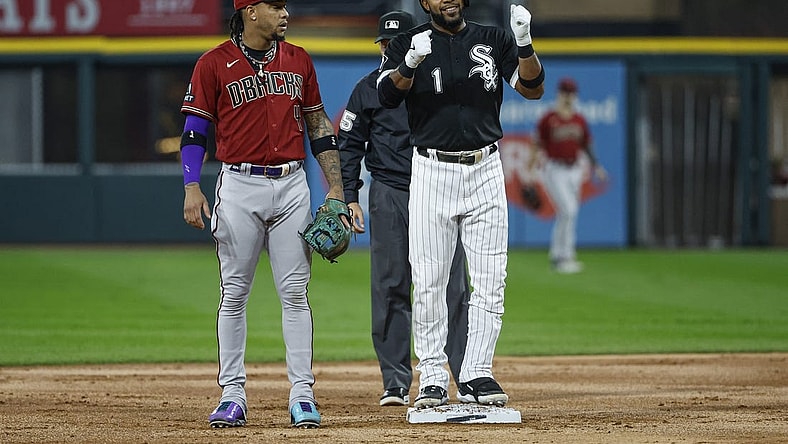 Sep 26, 2023; Chicago, Illinois, USA; Chicago White Sox shortstop Elvis Andrus (1) clebrates after hitting a double against the Arizona Diamondbacks during the first inning at Guaranteed Rate Field. Mandatory Credit: Kamil Krzaczynski-USA TODAY Sports