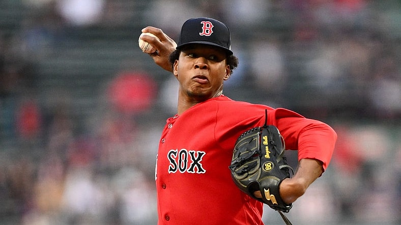 Sep 27, 2023; Boston, Massachusetts, USA; Boston Red Sox starting pitcher Brayan Bello (66) pitches against the Tampa Bay Rays during the first inning at Fenway Park. Mandatory Credit: Brian Fluharty-USA TODAY Sports