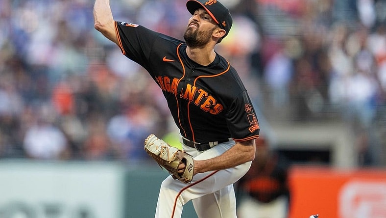 Sep 30, 2023; San Francisco, California, USA; San Francisco Giants starting pitcher Tristan Beck (43) delivers a pitch against the Los Angeles Dodgers during the first inning at Oracle Park. Mandatory Credit: Neville E. Guard-USA TODAY Sports