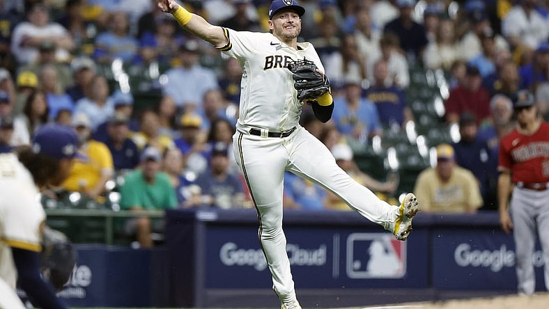 Oct 4, 2023; Milwaukee, Wisconsin, USA; Milwaukee Brewers third baseman Josh Donaldson (3) throws to first in the fourth inning against the Arizona Diamondbacks during game two of the Wildcard series for the 2023 MLB playoffs at American Family Field. Mandatory Credit: Kamil Krzaczynski-USA TODAY Sports