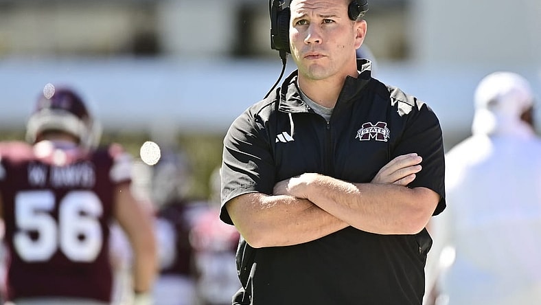 Oct 7, 2023; Starkville, Mississippi, USA; Mississippi State Bulldogs head coach Zach Arnett looks on during the first quarter of the game against the Western Michigan Broncos at Davis Wade Stadium at Scott Field. Mandatory Credit: Matt Bush-USA TODAY Sports