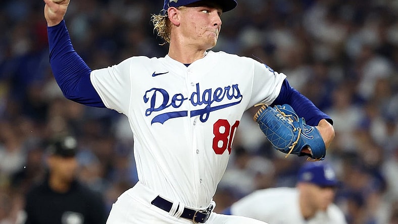 Oct 7, 2023; Los Angeles, California, USA; Los Angeles Dodgers starting pitcher Emmet Sheehan (80) throws a pitch against the Arizona Diamondbacks during the second inning for game one of the NLDS for the 2023 MLB playoffs at Dodger Stadium. Mandatory Credit: Kiyoshi Mio-USA TODAY Sports
