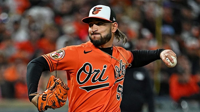 Oct 8, 2023; Baltimore, Maryland, USA; Baltimore Orioles relief pitcher Cionel Perez (58) pitches during the eighth inning against the Texas Rangers during game two of the ALDS for the 2023 MLB playoffs at Oriole Park at Camden Yards. Mandatory Credit: Tommy Gilligan-USA TODAY Sports