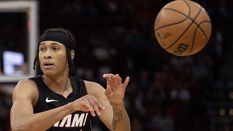 Oct 20, 2023; Houston, Texas, USA; Miami Heat guard R.J. Hampton (4) passes against the Houston Rockets  in the fourth quarter at Toyota Center. Mandatory Credit: Thomas Shea-USA TODAY Sports