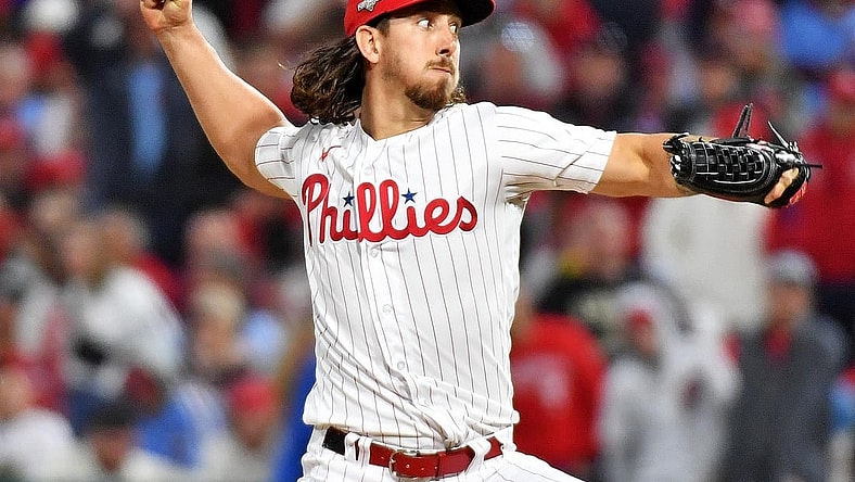 Oct 23, 2023; Philadelphia, Pennsylvania, USA; Philadelphia Phillies starting pitcher Michael Lorenzen (22) pitches during the fifth inning against the Arizona Diamondbacks in game six of the NLCS for the 2023 MLB playoffs at Citizens Bank Park. Mandatory Credit: Eric Hartline-USA TODAY Sports