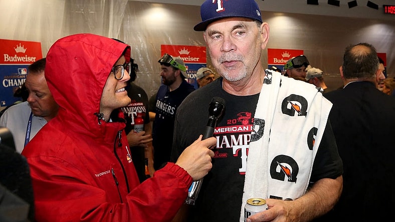 Oct 23, 2023; Houston, Texas, USA; Texas Rangers manager Bruce Bochy celebrates after winning game seven in the ALCS against the Houston Astros for the 2023 MLB playoffs at Minute Maid Park. Mandatory Credit: Thomas Shea-USA TODAY Sports