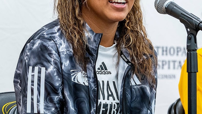 Milwaukee guard Jada Williams (2) answers questions from the press during UWM basketball media day on Tuesday October 24, 2023 at the OHOW Center in Milwaukee, Wis.