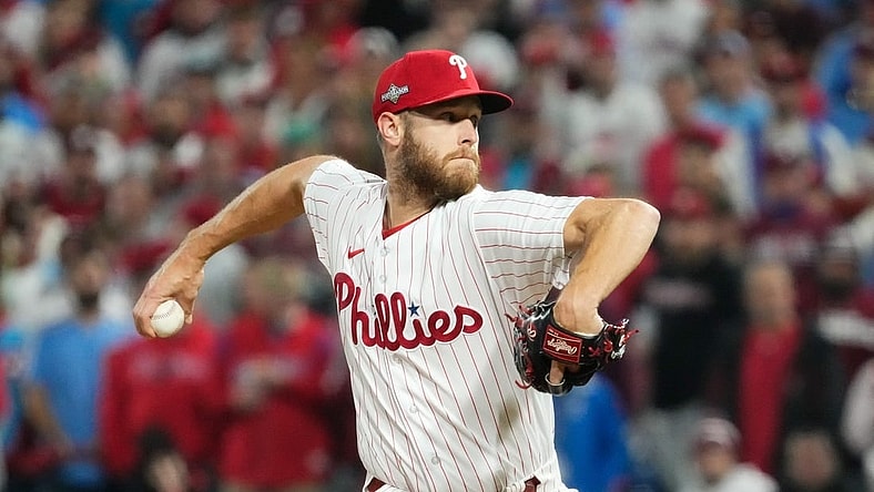 Philadelphia Phillies starting pitcher Zack Wheeler (45) pitches during the seventh inning against the Arizona Diamondbacks in game seven of the NLCS at Citizens Bank Park in Philadelphia on Oct. 24, 2023.