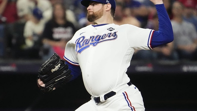 Texas Rangers starting pitcher Jordan Montgomery (52) throws a pitch against the Arizona Diamondbacks during the second inning in game two of the 2023 World Series at Globe Life Field on Oct. 28, 2023, Arlington, Texas.