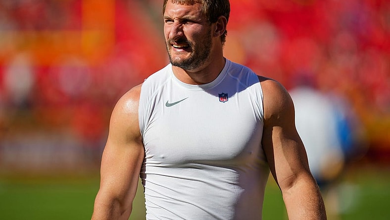 Oct 22, 2023; Kansas City, Missouri, USA; Los Angeles Chargers linebacker Joey Bosa (97) warms up prior to a game against the Kansas City Chiefs at GEHA Field at Arrowhead Stadium. Mandatory Credit: Jay Biggerstaff-USA TODAY Sports