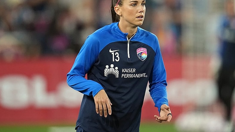Nov 5, 2023; San Diego, California, USA; San Diego Wave FC forward Alex Morgan (13) warms up before the NWSL championship semifinal game against the OL Reign at Snapdragon Stadium. Mandatory Credit: Ray Acevedo-USA TODAY Sports