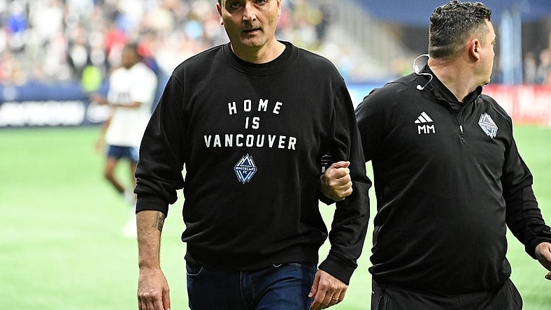Nov 5, 2023; Vancouver, British Columbia, CAN; Vancouver Whitecaps head coach Vanni Sartini reacts after losing to Los Angeles FC in game two in a round one match of the 2023 MLS Cup Playoffs at BC Place. Mandatory Credit: Simon Fearn-USA TODAY Sports