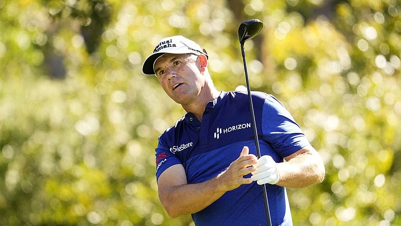 Padraig Harrington plays his tee shot on the third hole during round one of the Charles Schwab Cup Championship at the Phoenix Country Club on Nov. 9, 2023.