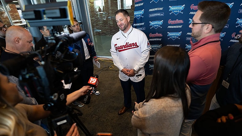 Nov 10, 2023; Cleveland, OH, USA;  Cleveland Guardians manager Stephen Vogt talks to the media during an introductory press conference at Progressive Field. Mandatory Credit: Ken Blaze-USA TODAY Sports
