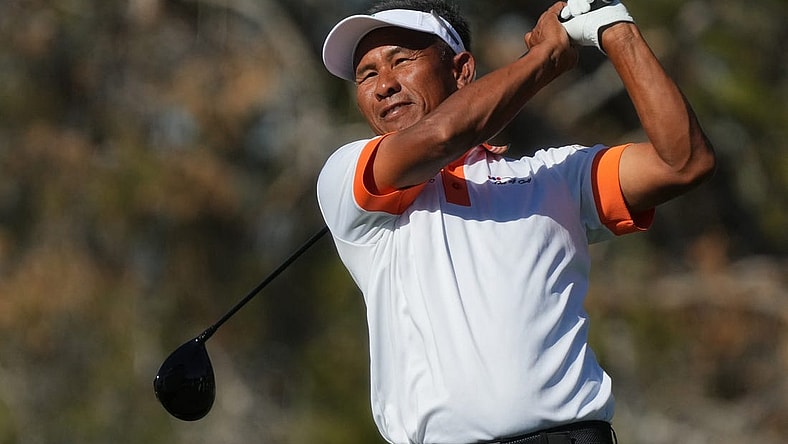 Nov 10, 2023; Phoenix, AZ, USA; Thongchai Jaidee tees off on hole 8 during round 2 of the Charles Schwab Cup championship at Phoenix Country Club.