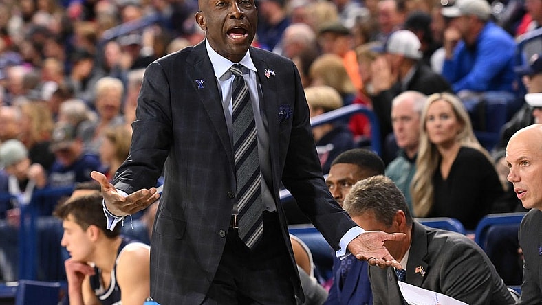 Nov 10, 2023; Spokane, Washington, USA; Yale Bulldogs head coach James Jones reacts after a play against the Gonzaga Bulldogs in the first half at McCarthey Athletic Center. Mandatory Credit: James Snook-USA TODAY Sports