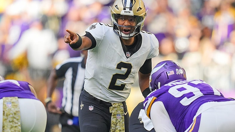 Nov 12, 2023; Minneapolis, Minnesota, USA; New Orleans Saints quarterback Jameis Winston (2) against the Minnesota Vikings in the third quarter at U.S. Bank Stadium. Mandatory Credit: Brad Rempel-USA TODAY Sports