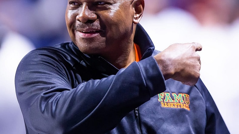 Florida A&M Rattlers head coach Robert McCullum coaches from the sidelines. The Florida mens basketball team hosted Florida A&M at Exactech Arena at the Stephen C. O   Connell Center in Gainesville, FL on Tuesday, November 14, 2023 in the first half. [Doug Engle/Ocala Star Banner]