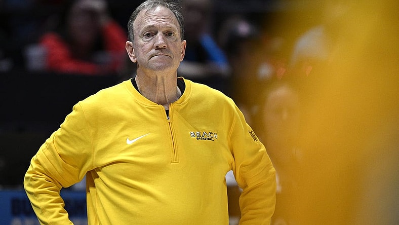 Nov 14, 2023; San Diego, California, USA; Long Beach State 49ers head coach Dan Monson looks on during the second half against the San Diego State Aztecs at Viejas Arena. Mandatory Credit: Orlando Ramirez-USA TODAY Sports
