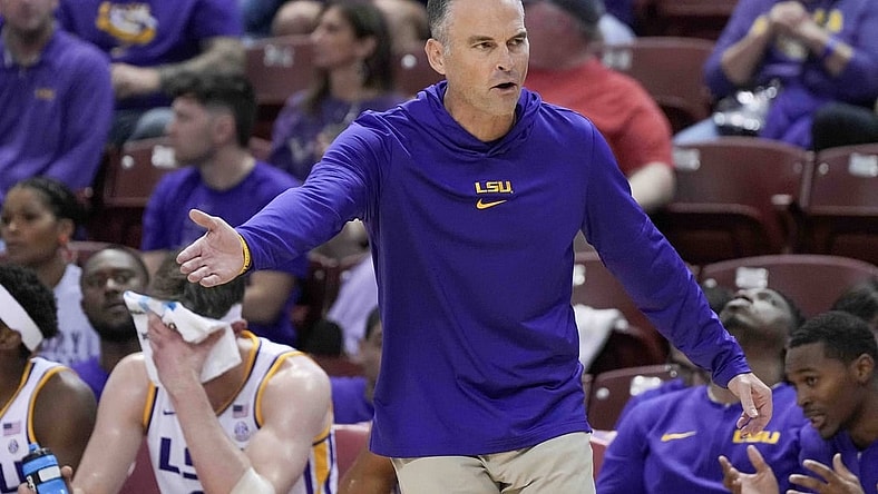 Nov 17, 2023; Charleston, SC, USA; LSU Tigers head coach Matt McMahon reacts to action on the court in the first half against the North Texas Mean Green at TD Arena. Mandatory Credit: David Yeazell-USA TODAY Sports