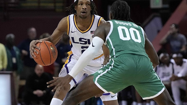 Nov 17, 2023; Charleston, SC, USA; LSU Tigers guard Mike Williams III (2) is guarded by North Texas Mean Green guard John Buggs III (00) in the second half at TD Arena. Mandatory Credit: David Yeazell-USA TODAY Sports
