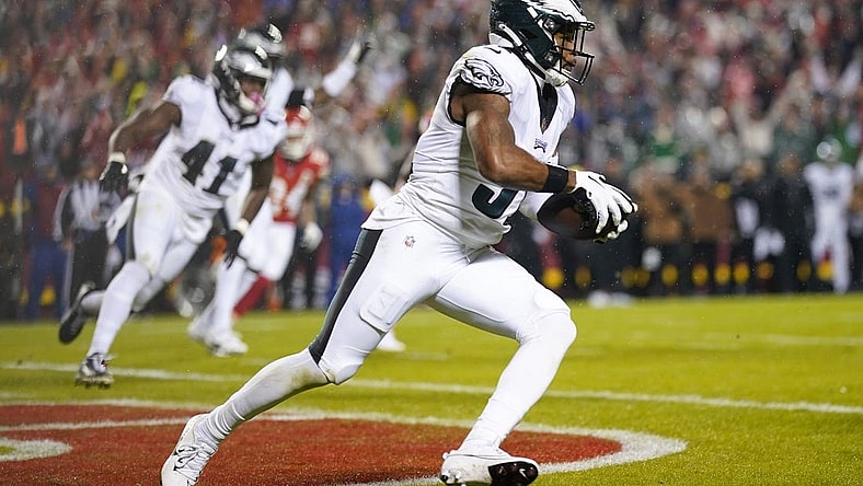 Nov 20, 2023; Kansas City, Missouri, USA; Philadelphia Eagles safety Kevin Byard (31) intercepts a pass during the first half against the Kansas City Chiefs at GEHA Field at Arrowhead Stadium. Mandatory Credit: Jay Biggerstaff-USA TODAY Sports