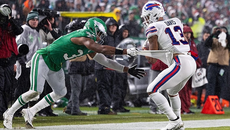 Nov 26, 2023; Philadelphia, Pennsylvania, USA; Buffalo Bills wide receiver Gabe Davis (13) makes a catch past Philadelphia Eagles safety Kevin Byard (31) during the second quarter at Lincoln Financial Field. Mandatory Credit: Bill Streicher-USA TODAY Sports
