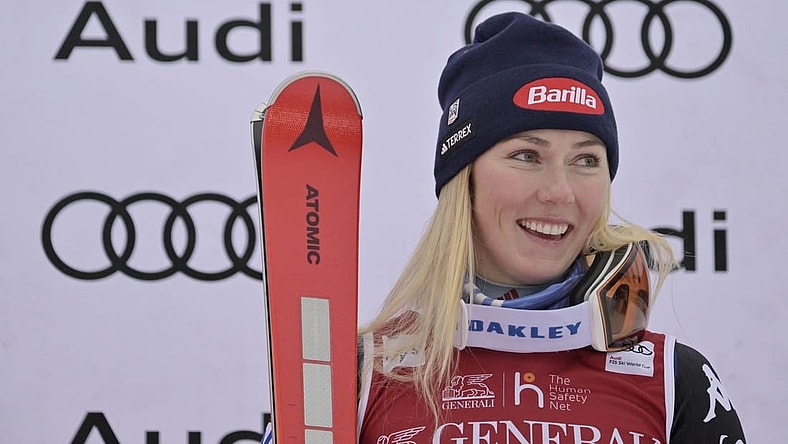 Dec 2, 2023; Mont Tremblant, Quebec, CAN; Mikaela Shiffrin of the United States celebrates her second place finish in the giant slalom race in the women's alpine skiing World Cup at Mont Tremblant. Mandatory Credit: Eric Bolte-USA TODAY Sports
