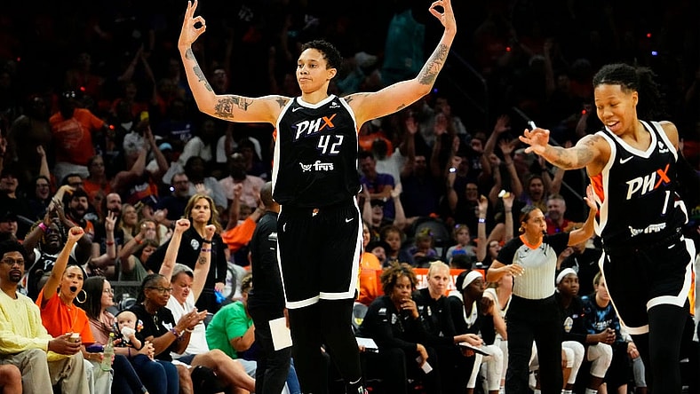Phoenix Mercury center Brittney Griner (42) reacts after making a 3-pointer during the home opener against the Chicago Sky in the second half at Footprint Center on May 21, 2023.